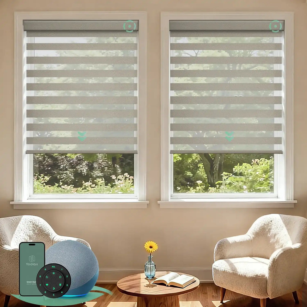 Motorized zebra blinds with 60% light filtering sandy yellow fabric, ideal for soft light control and modern interiors