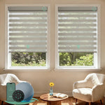 Motorized zebra blinds with 60% light filtering sandy yellow fabric, ideal for soft light control and modern interiors