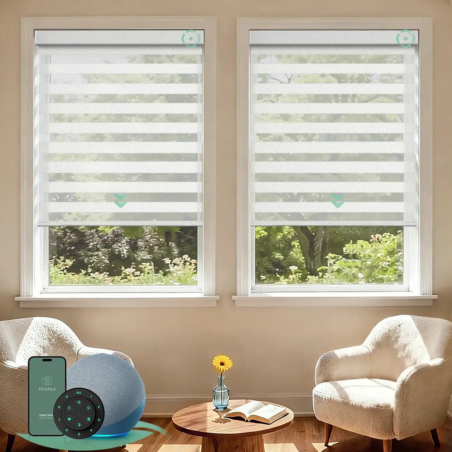 Motorized zebra blinds with 60% light filtering white fabric, ideal for soft light control and modern interiors