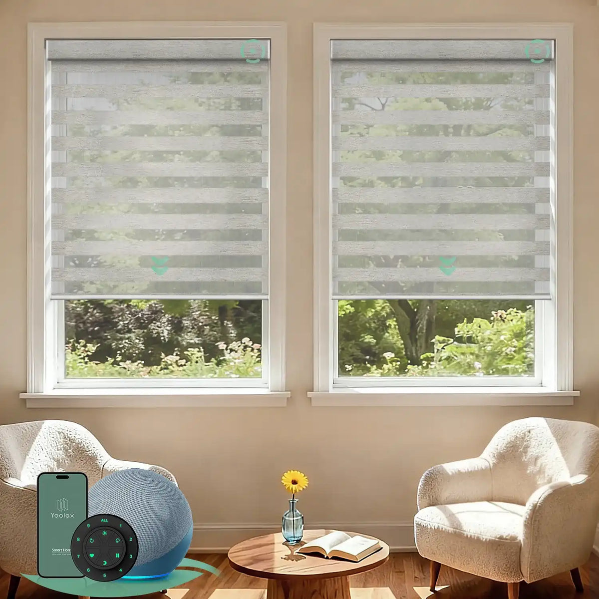 Motorized zebra blinds with 70% light filtering warm silver fabric, ideal for soft light control and modern interiors