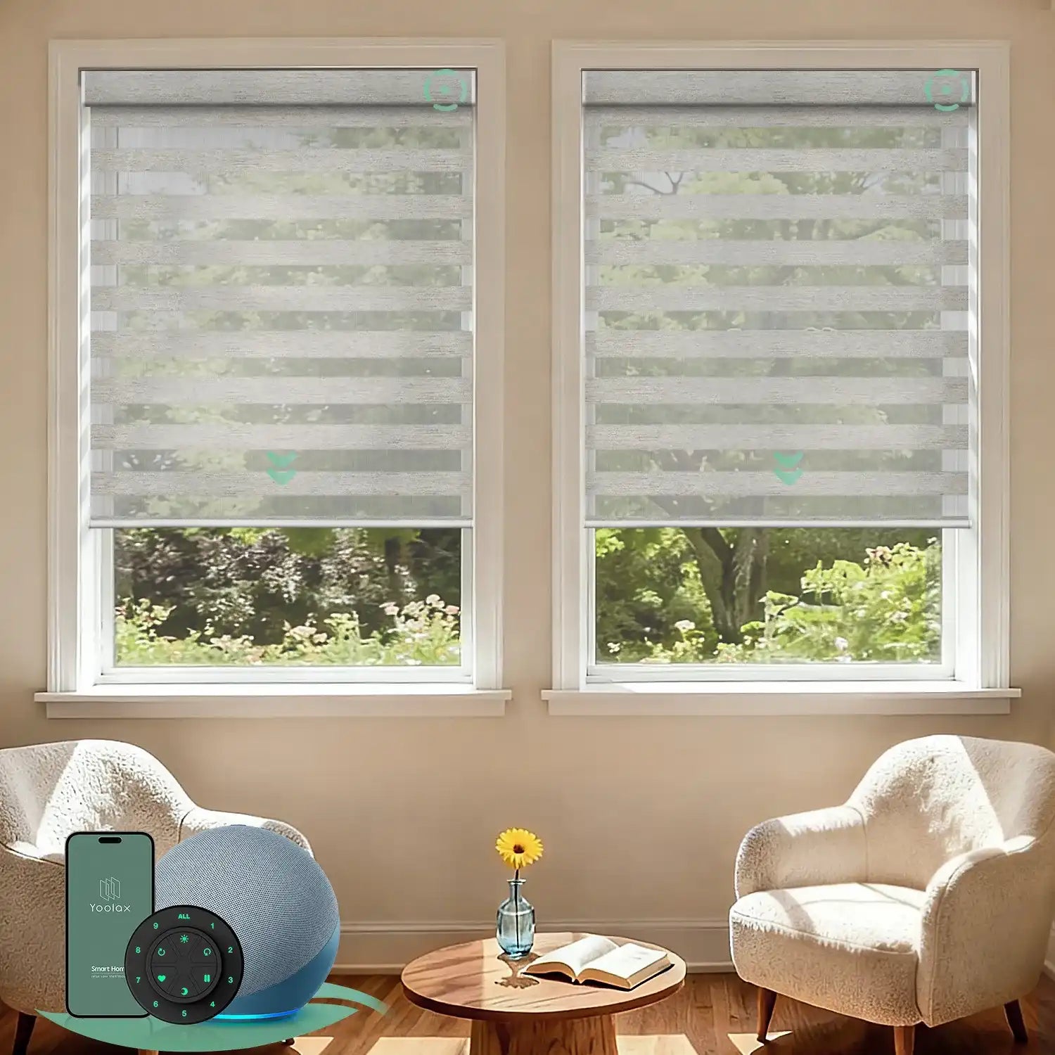 Motorized zebra blinds with 70% light filtering warm silver fabric, ideal for soft light control and modern interiors