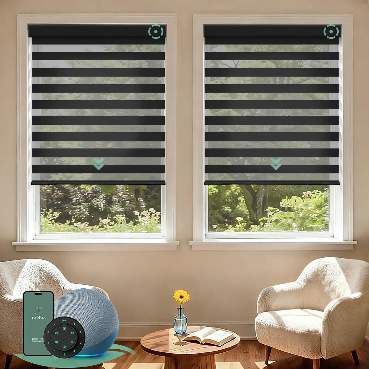 Motorized zebra blinds with 70% light filtering wool black fabric, ideal for soft light control and modern interiors