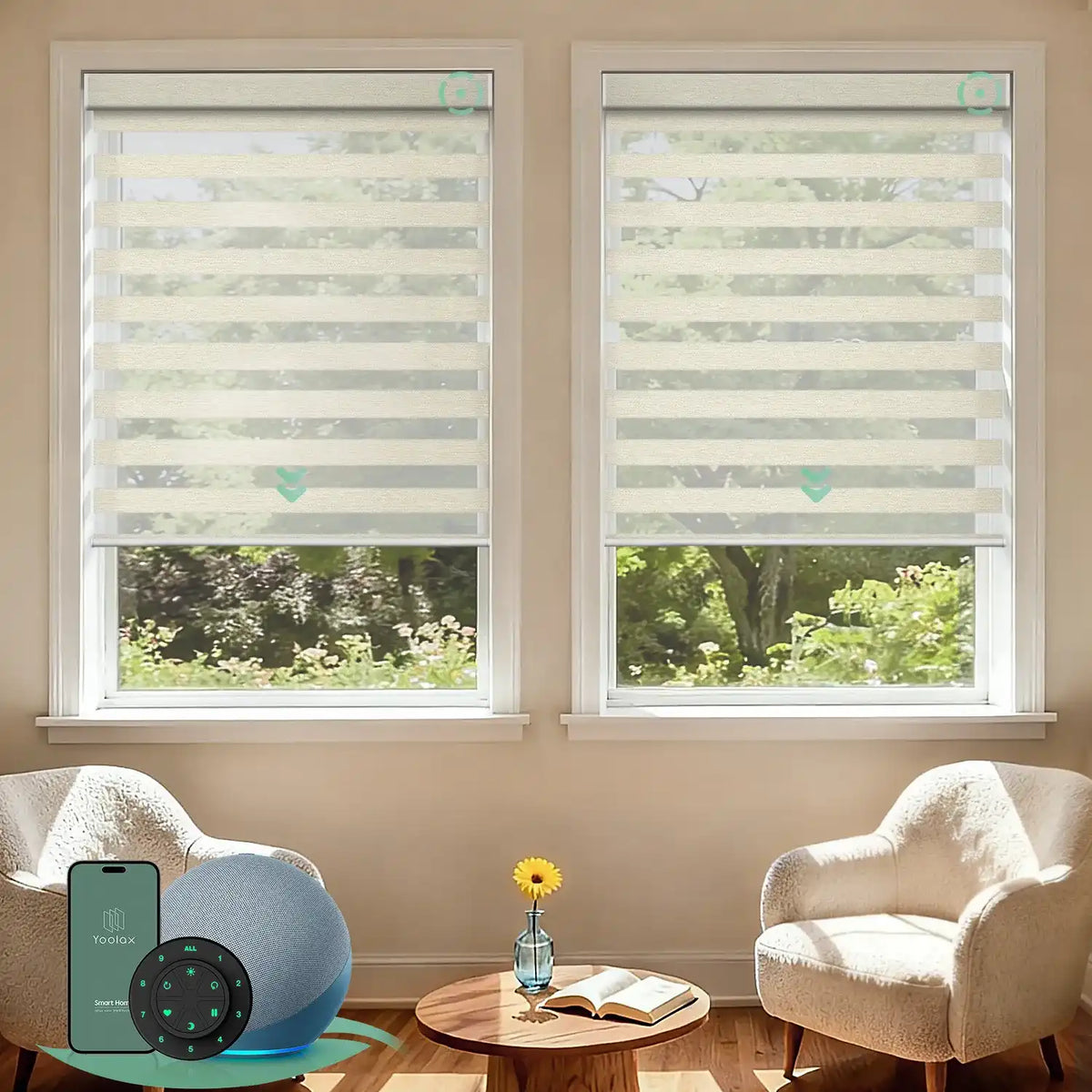 Motorized zebra blinds with 80% room darkening beige fabric, ideal for soft light control and modern interiors