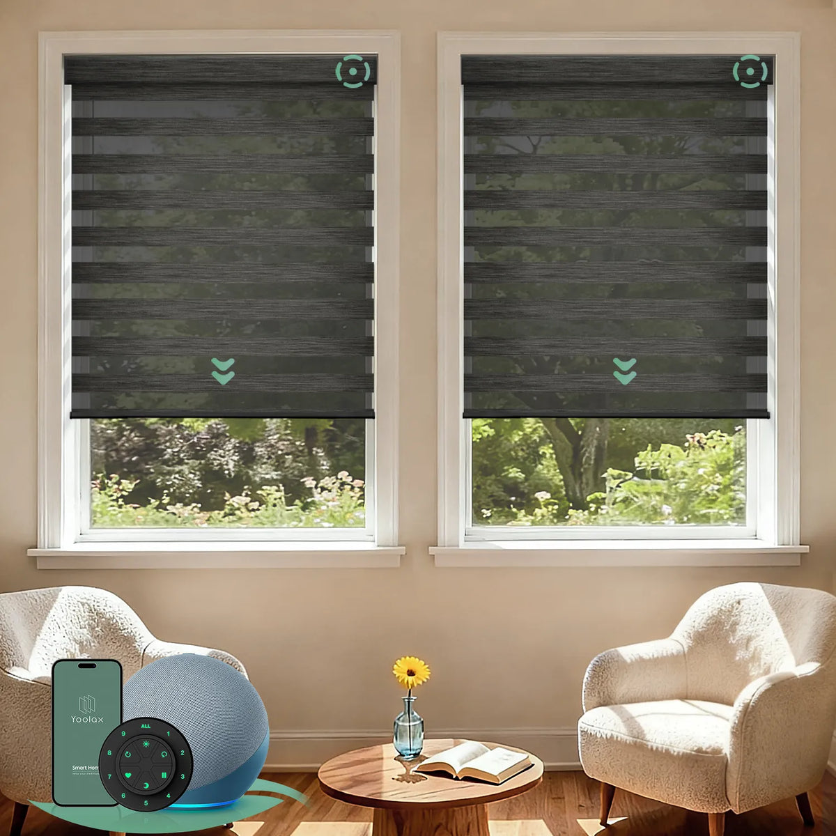 Motorized zebra blinds with 95% room darkening carbon black fabric, ideal for soft light control and modern interiors