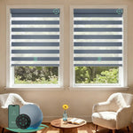 Motorized zebra blinds with 95% room darkening grey fabric, ideal for soft light control and modern interiors