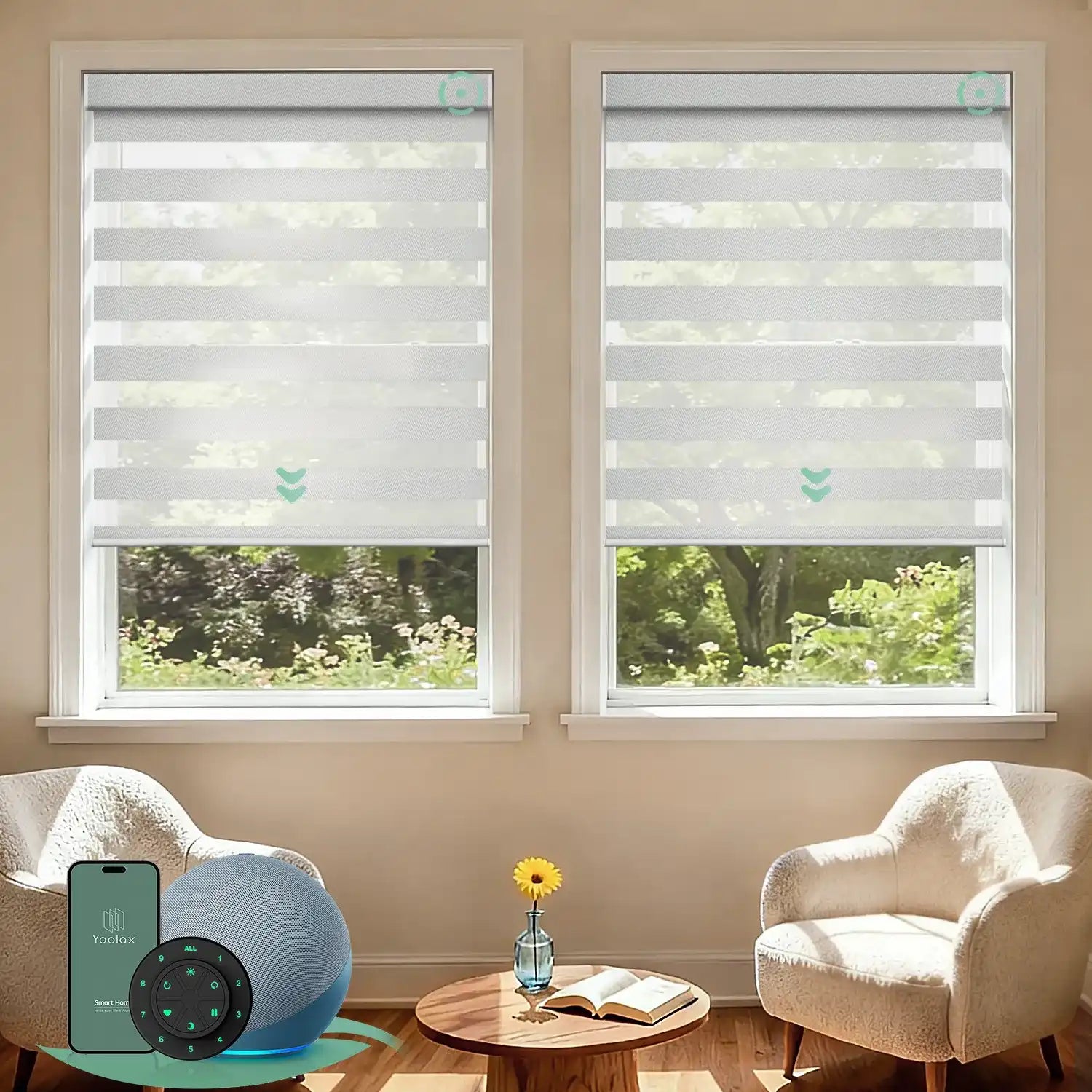 Motorized zebra blinds with 90% room darkening greyish white fabric, ideal for soft light control and modern interiors