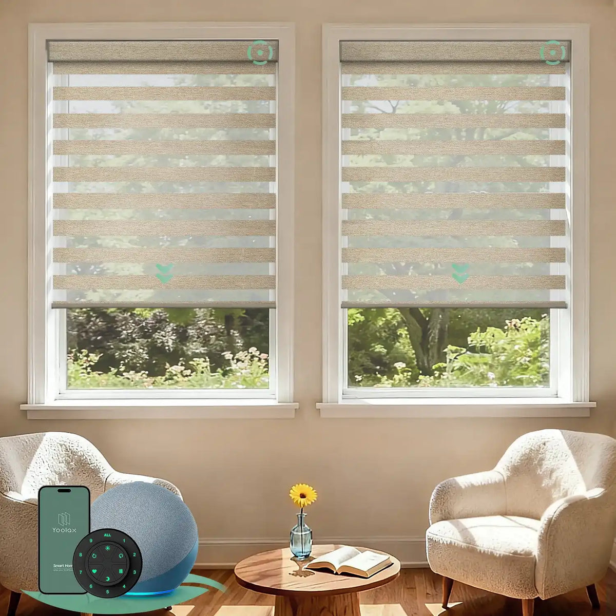 Motorized zebra blinds with 80% room darkening luxury coffee fabric, ideal for soft light control and modern interiors