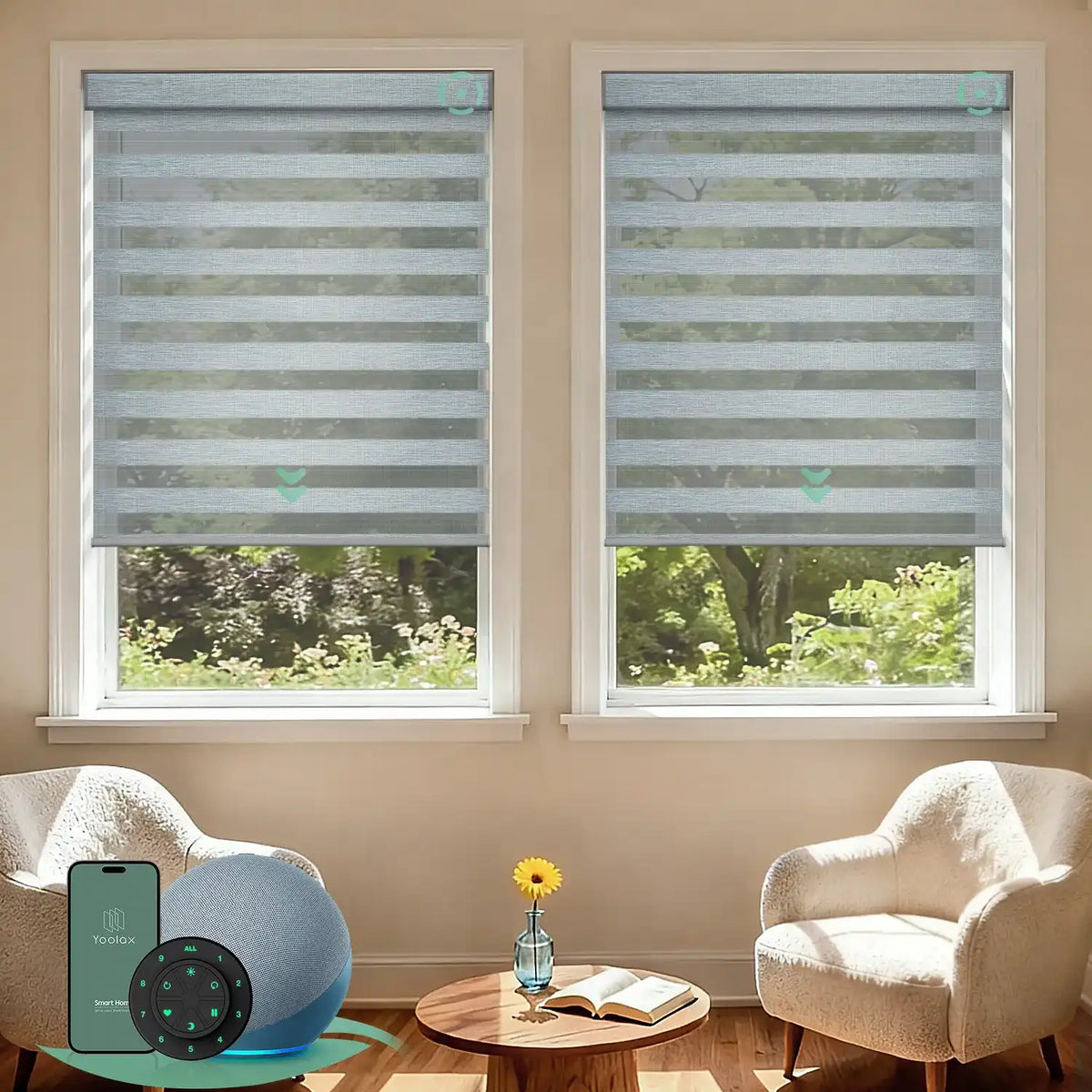 Motorized zebra blinds with 80% room darkening luxury grey fabric, ideal for soft light control and modern interiors