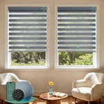 Motorized zebra blinds with 80% room darkening mesh silver fabric, ideal for soft light control and modern interiors
