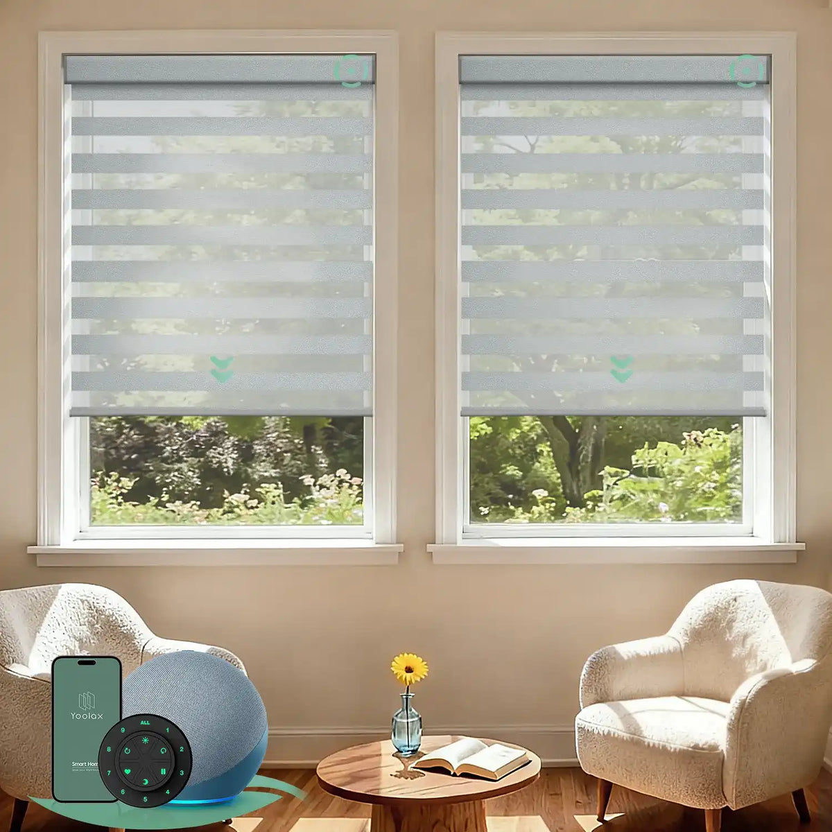 Motorized zebra blinds with 90% room darkening starry gray fabric, ideal for soft light control and modern interiors