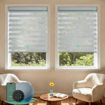 Motorized zebra blinds with 90% room darkening starry gray fabric, ideal for soft light control and modern interiors