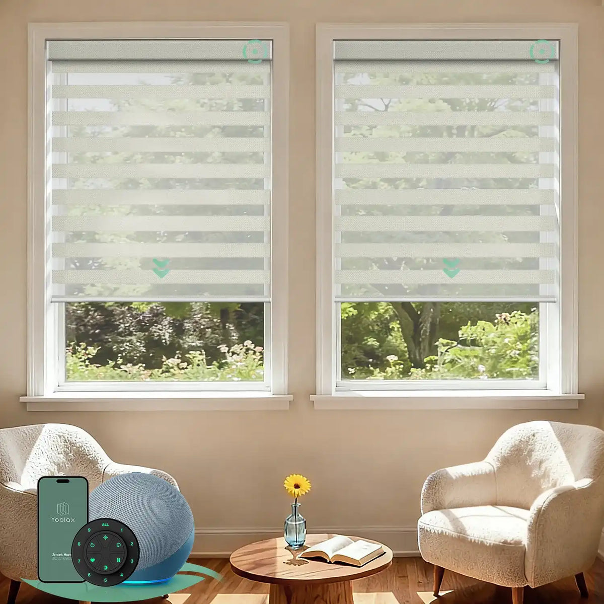 Motorized zebra blinds with 80% room darkening striped gold fabric, ideal for soft light control and modern interiors