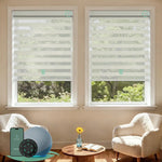 Motorized zebra blinds with 80% room darkening striped gold fabric, ideal for soft light control and modern interiors
