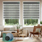 Motorized zebra blinds V-series featuring room-darkening V-At Duck fabric, offering layered soft-light control for modern interiors.