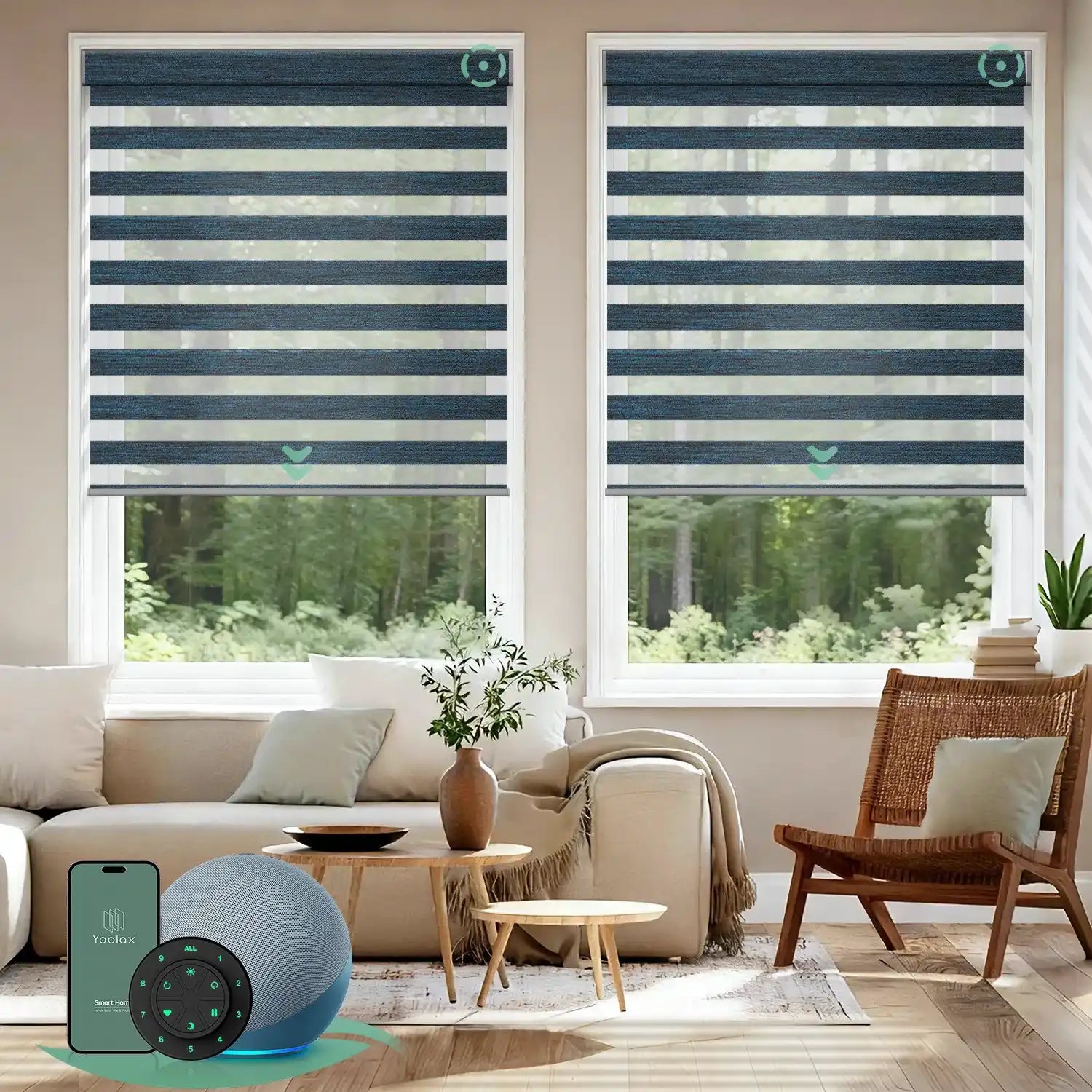 Motorized zebra blinds V-series featuring room-darkening V-Deep Sea fabric, offering layered soft-light control for modern interiors.