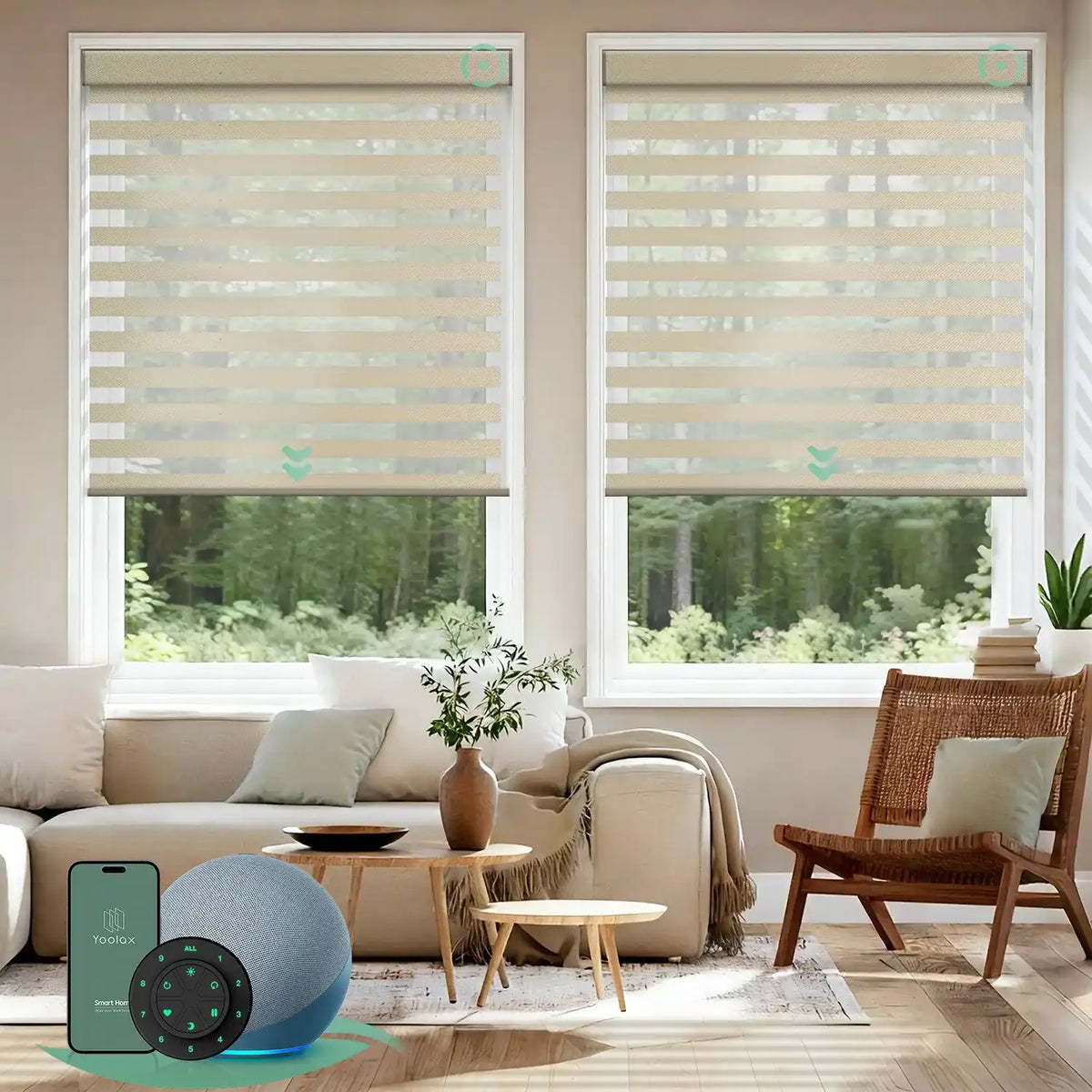 Motorized zebra blinds V-series featuring room-darkening V-Haze Narrow Linen fabric, offering layered soft-light control for modern interiors.