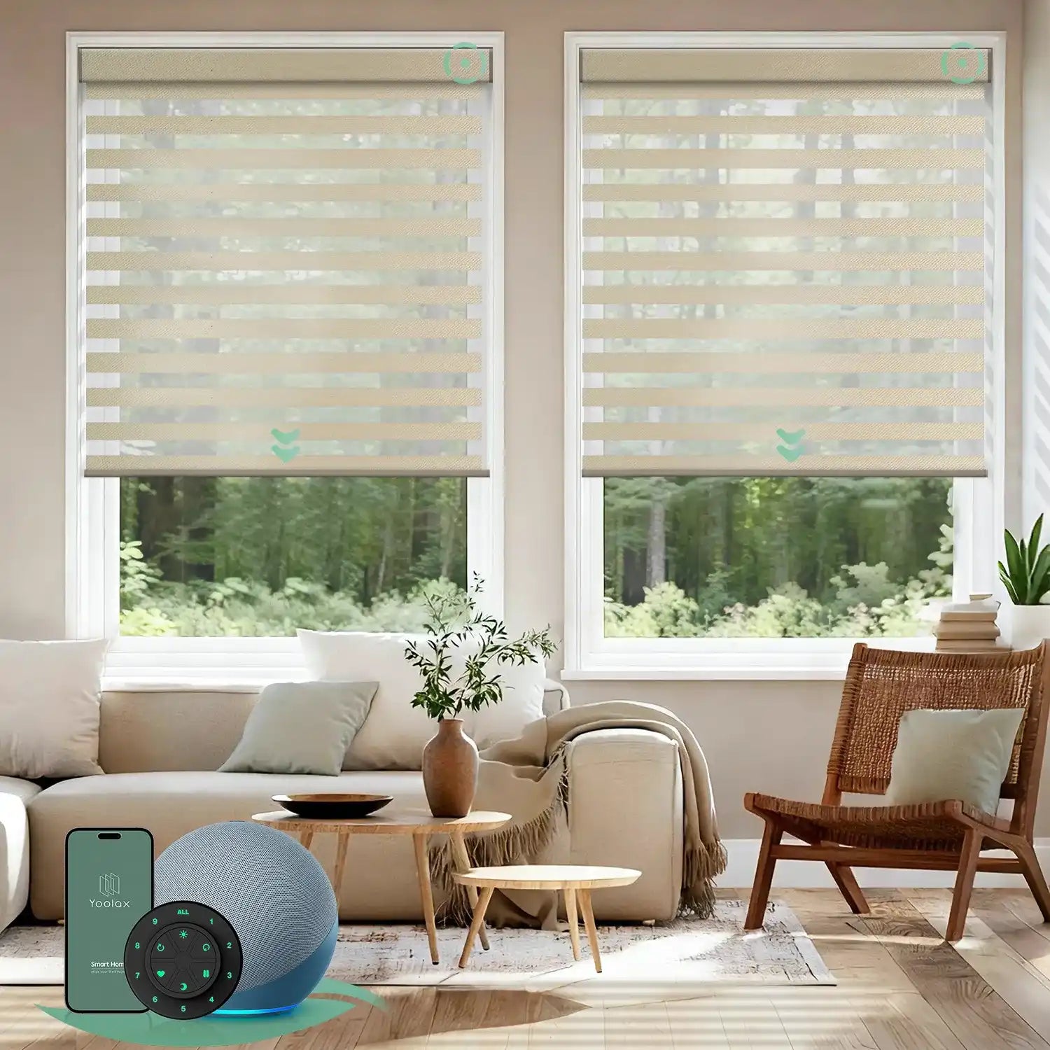 Motorized zebra blinds V-series featuring room-darkening V-Haze Narrow Linen fabric, offering layered soft-light control for modern interiors.