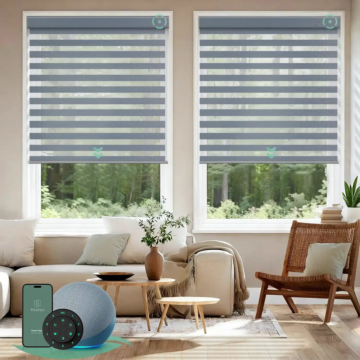 Motorized zebra blinds V-series featuring room-darkening V-Haze Narrow Silver fabric, offering layered soft-light control for modern interiors.