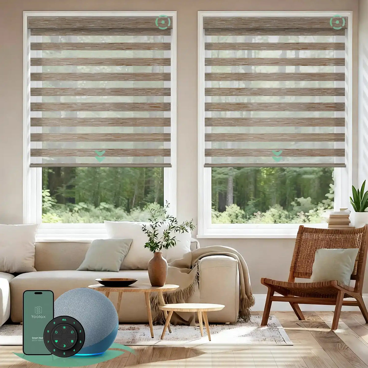 Motorized zebra blinds V-series featuring room-darkening V-Jungle Coffee fabric, offering layered soft-light control for modern interiors.