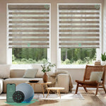 Motorized zebra blinds V-series featuring room-darkening V-Jungle Coffee fabric, offering layered soft-light control for modern interiors.