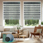 Motorized zebra blinds V-series featuring room-darkening V-Jungle Dark Grey fabric, offering layered soft-light control for modern interiors.