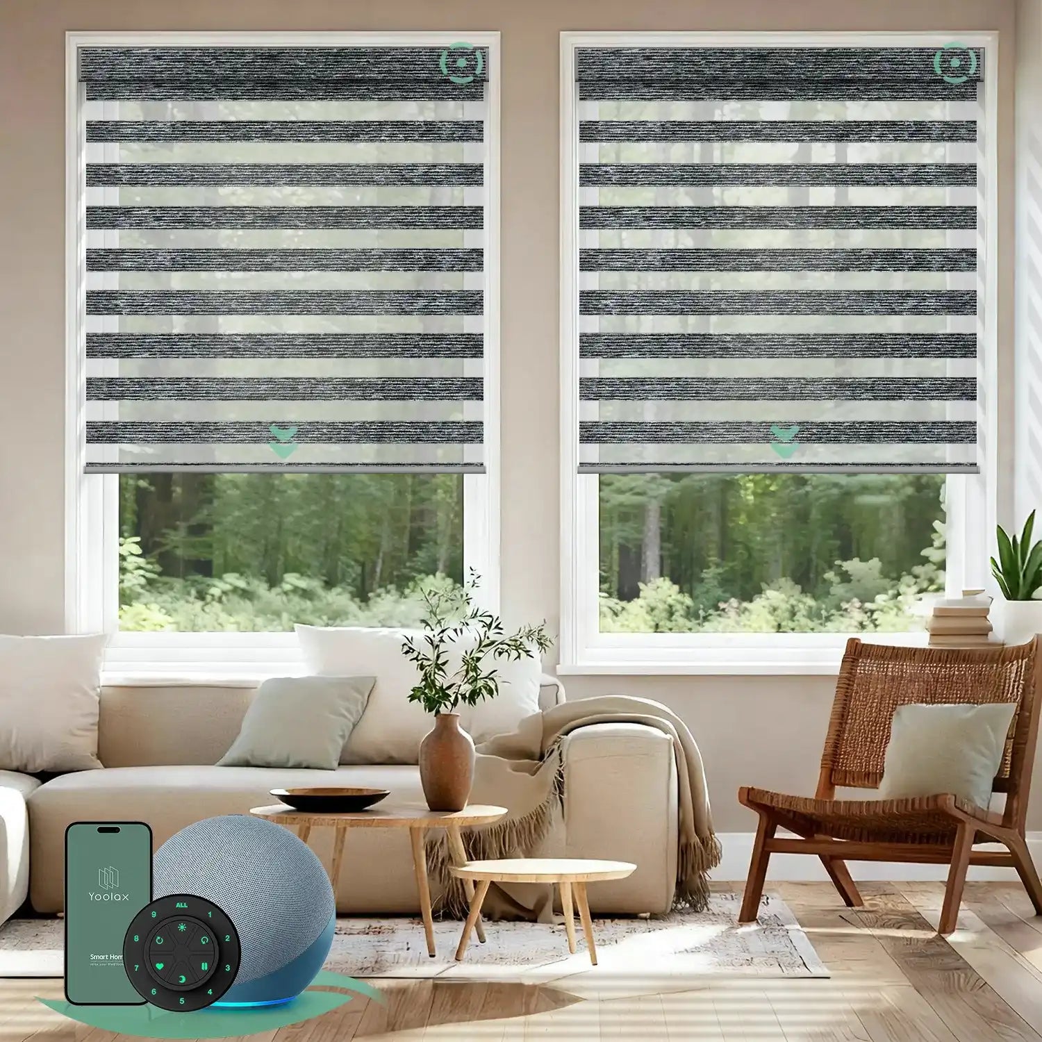 Motorized zebra blinds V-series featuring room-darkening V-Jungle Dark Grey fabric, offering layered soft-light control for modern interiors.
