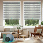 Motorized zebra blinds V-series featuring room-darkening V-Jungle Stripe Grey fabric, offering layered soft-light control for modern interiors.
