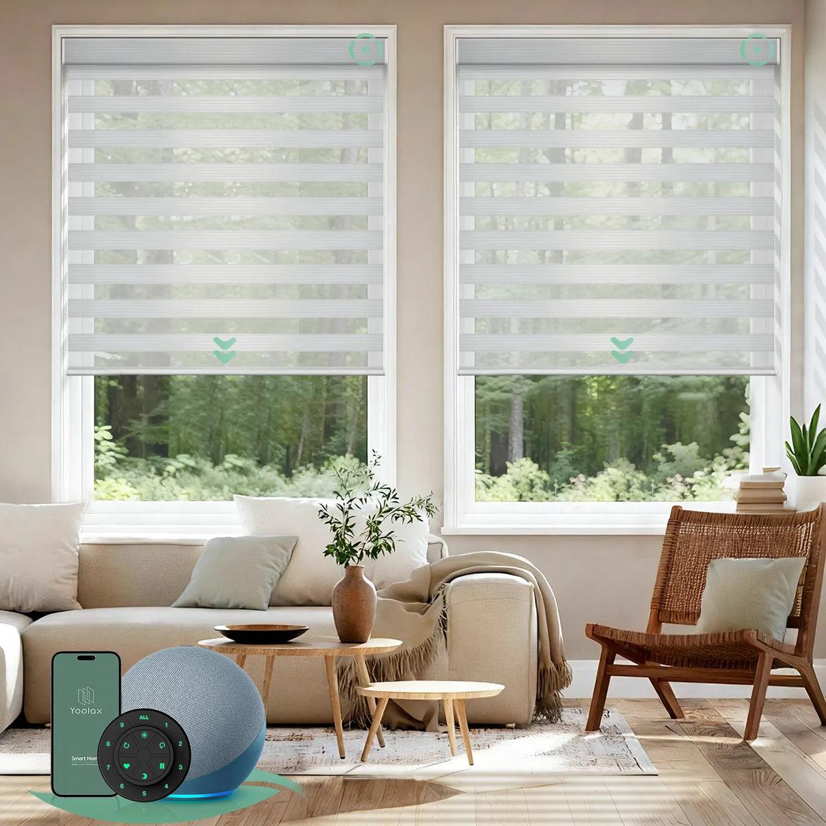 Motorized zebra blinds V-series featuring room-darkening V-Jungle Stripe White fabric, offering layered soft-light control for modern interiors.