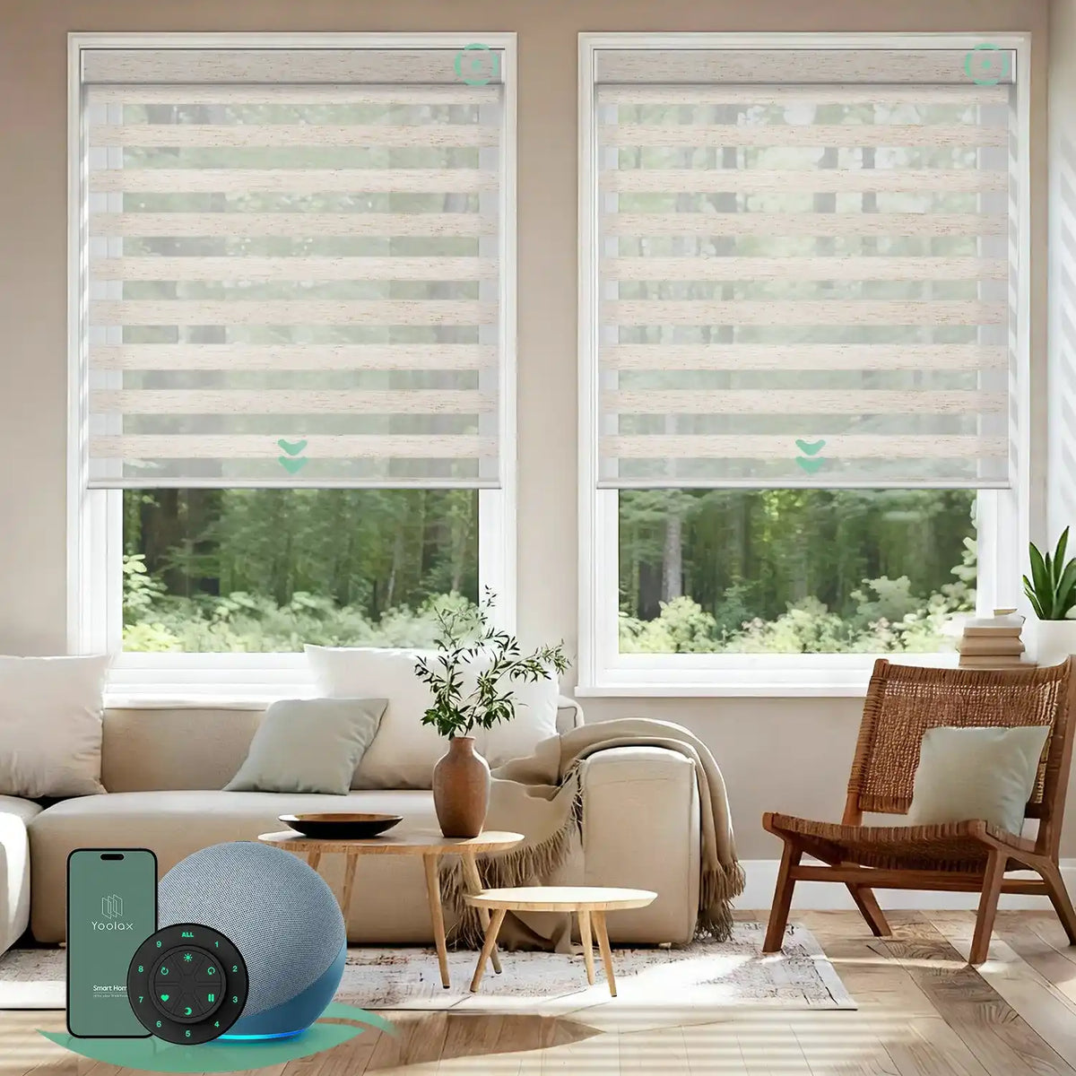 Motorized zebra blinds V-series featuring room-darkening V-Linen White fabric, offering layered soft-light control for modern interiors.