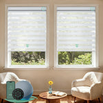Motorized zebra blinds with 90% room darkening white matter fabric, ideal for soft light control and modern interiors