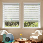 Motorized zebra blinds with 80% room darkening white fabric, ideal for soft light control and modern interiors