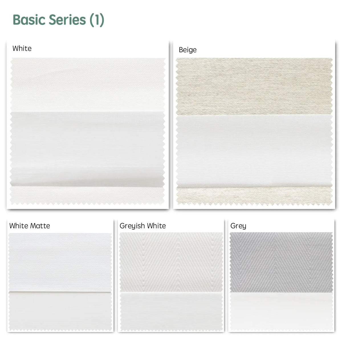 Basic series motorized zebra shades  — White, Beige, White Matte, Greyish White, Grey.