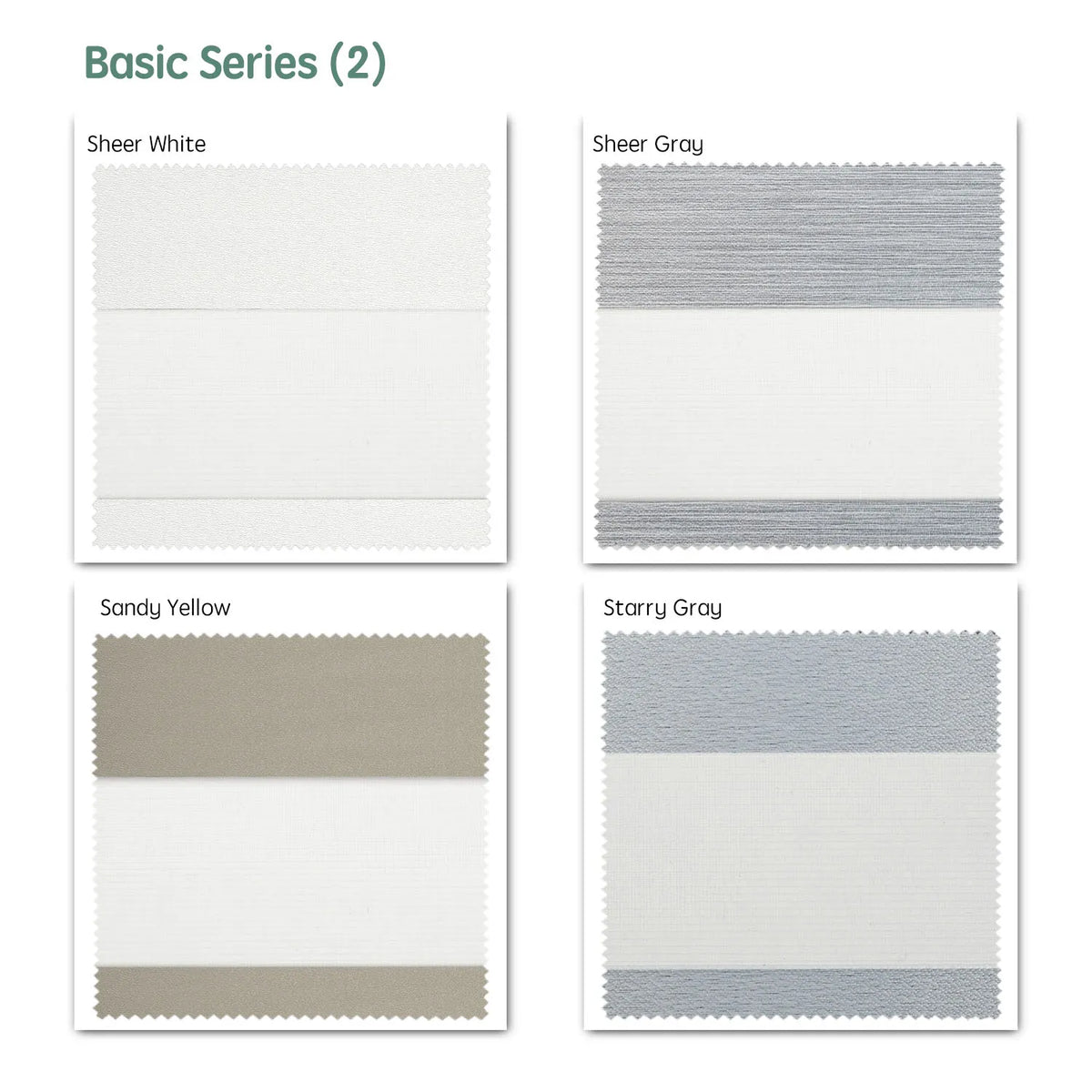 Basic series motorized zebra shades  — Sheer White, Sheer Gray, Sandy Yellow, Starry Gray.