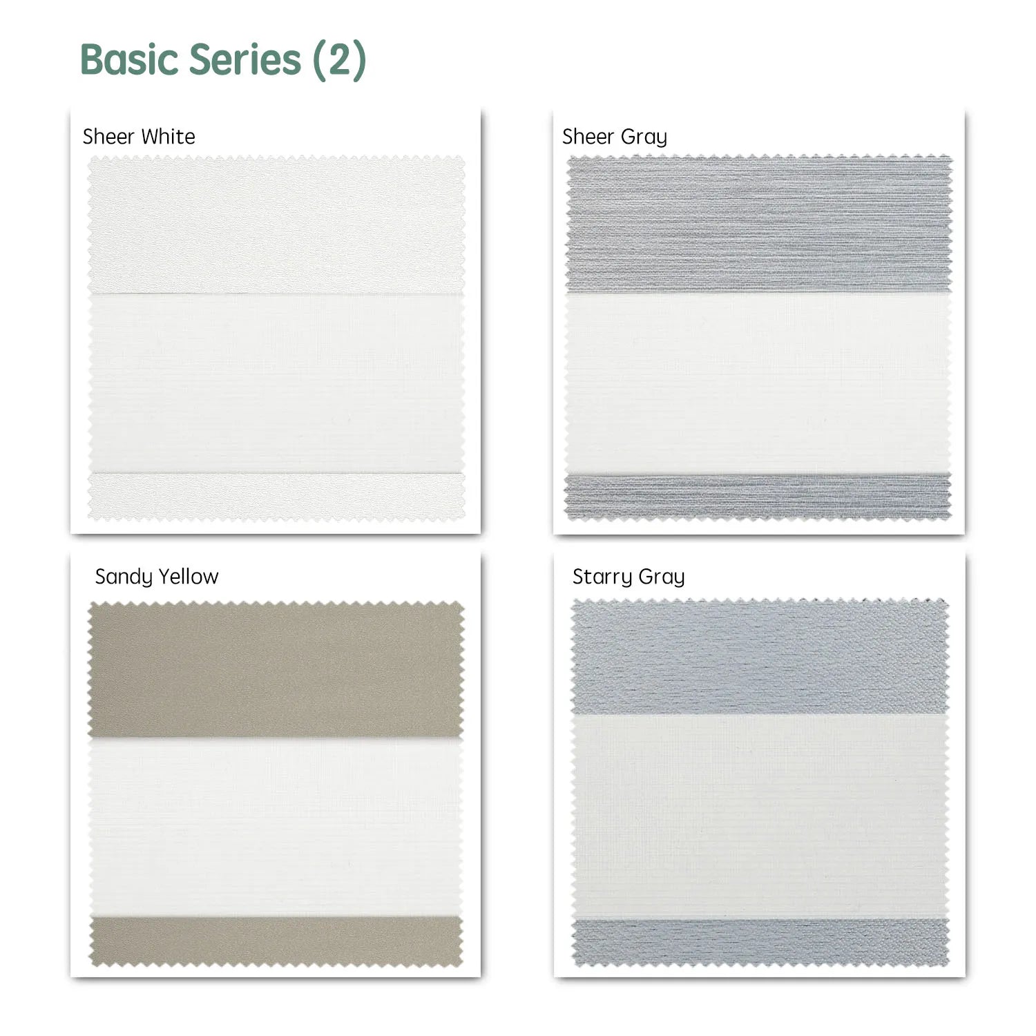 Basic series motorized zebra shades  — Sheer White, Sheer Gray, Sandy Yellow, Starry Gray.