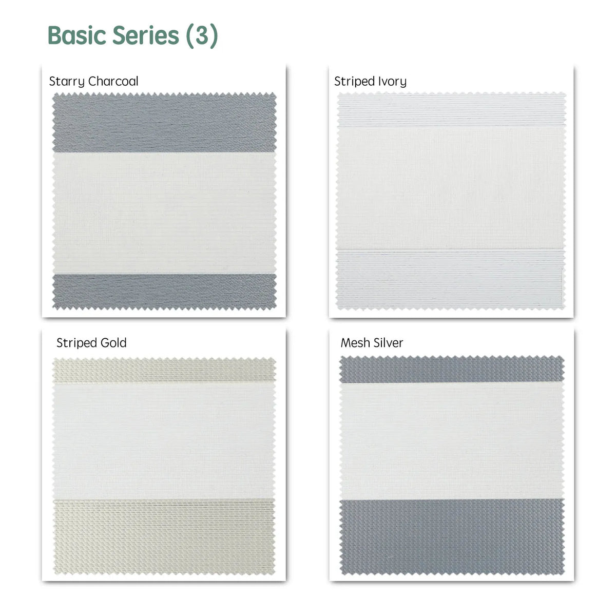 Basic series motorized zebra shades  — Starry Charcoal, Striped Ivory, Striped Gold, Mesh Silver.