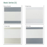 Basic series motorized zebra shades  — Starry Charcoal, Striped Ivory, Striped Gold, Mesh Silver.