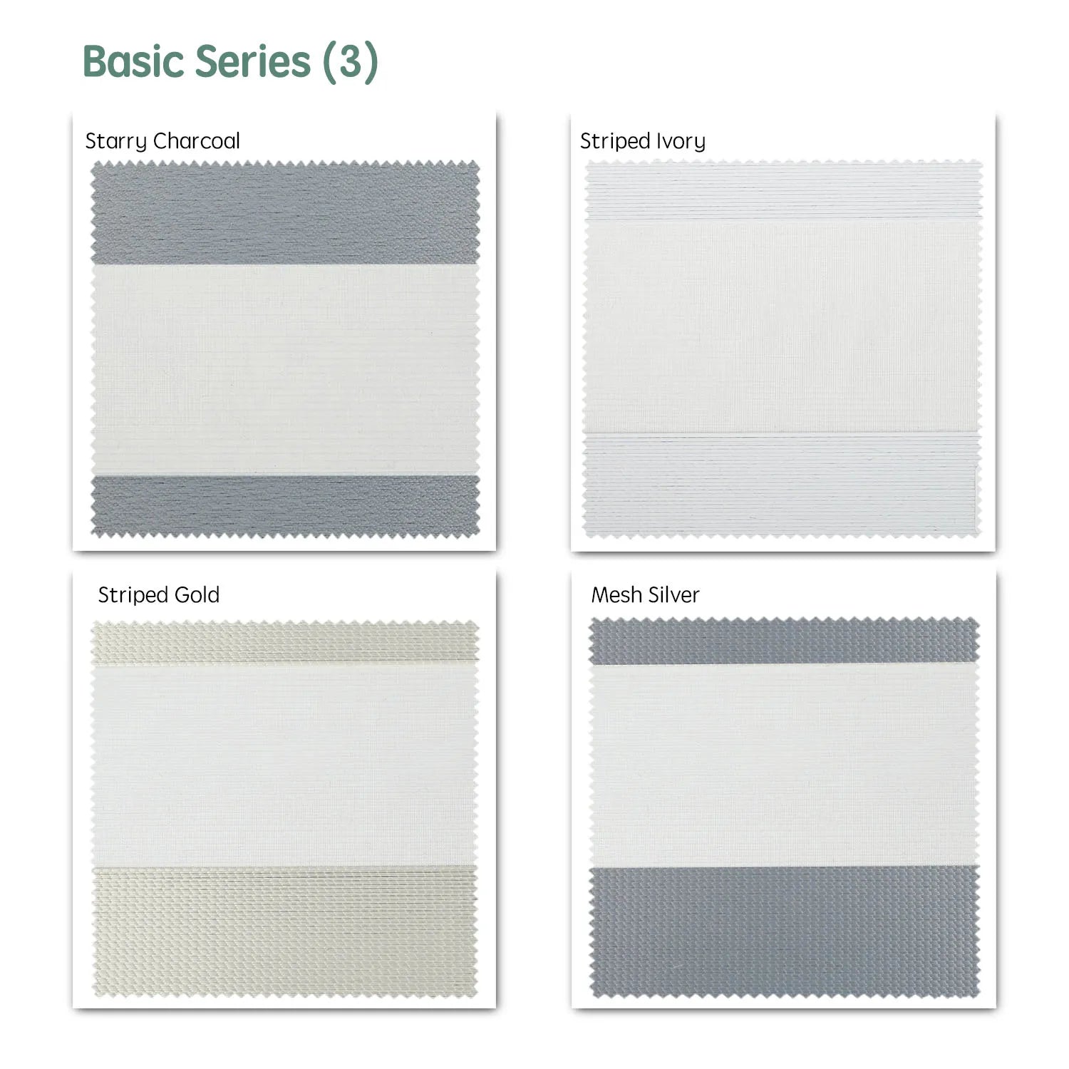 Basic series motorized zebra shades  — Starry Charcoal, Striped Ivory, Striped Gold, Mesh Silver.