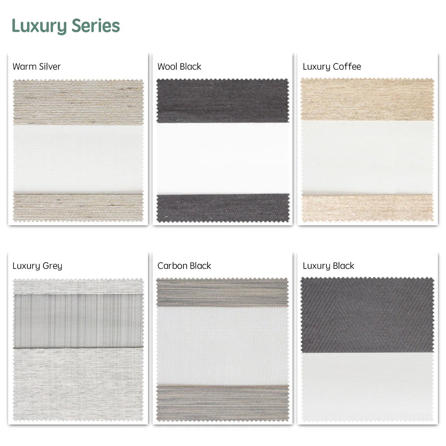 Luxury series motorized zebra shades  —Warm Silver, Wool Black, Luxury Coffee, Luxury Grey, Carbon Black, Luxury Black.