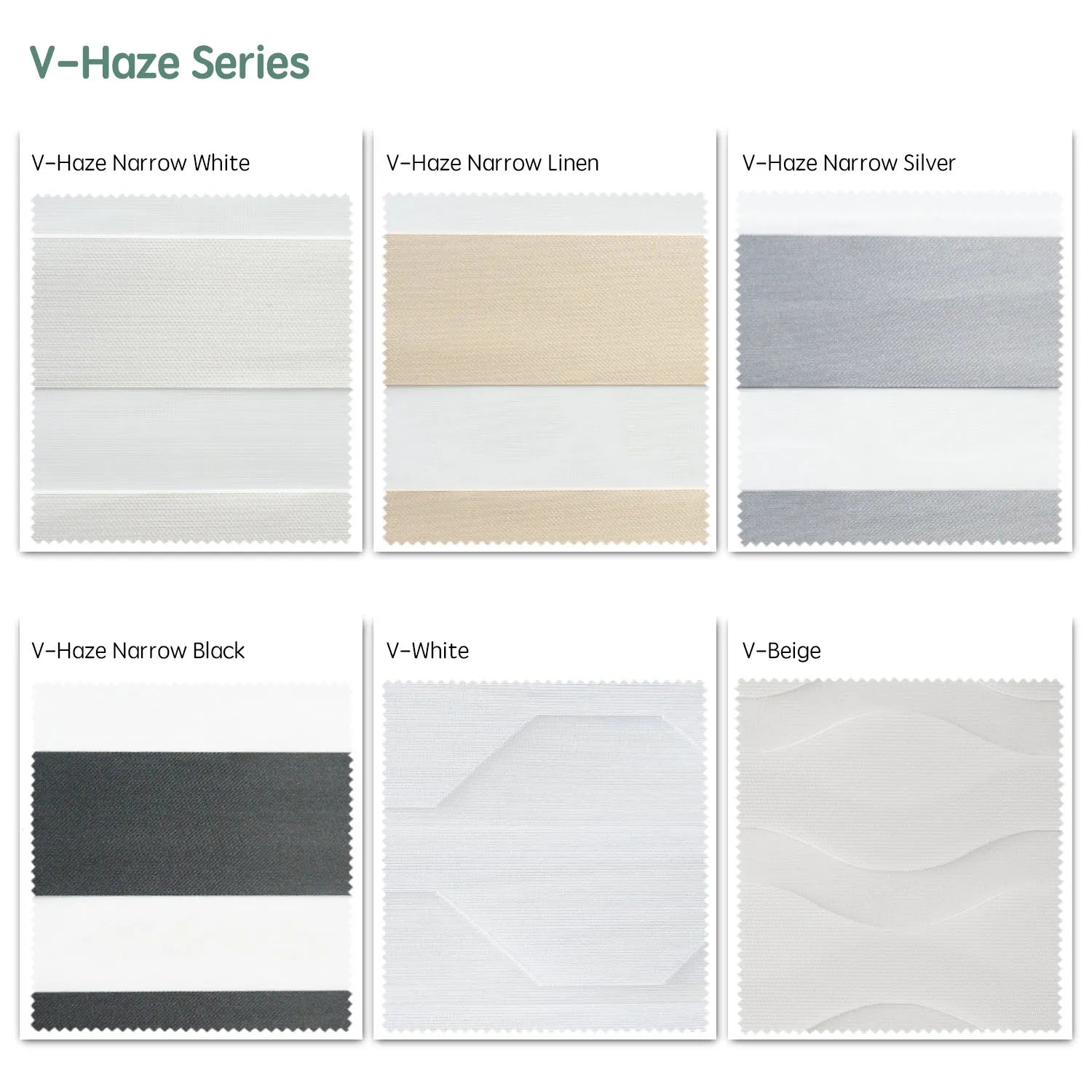 V-haze series motorized zebra shades  — Narrow White, Narrow Linen, Narrow Silver, Narrow Black, V-White, V-Beige.