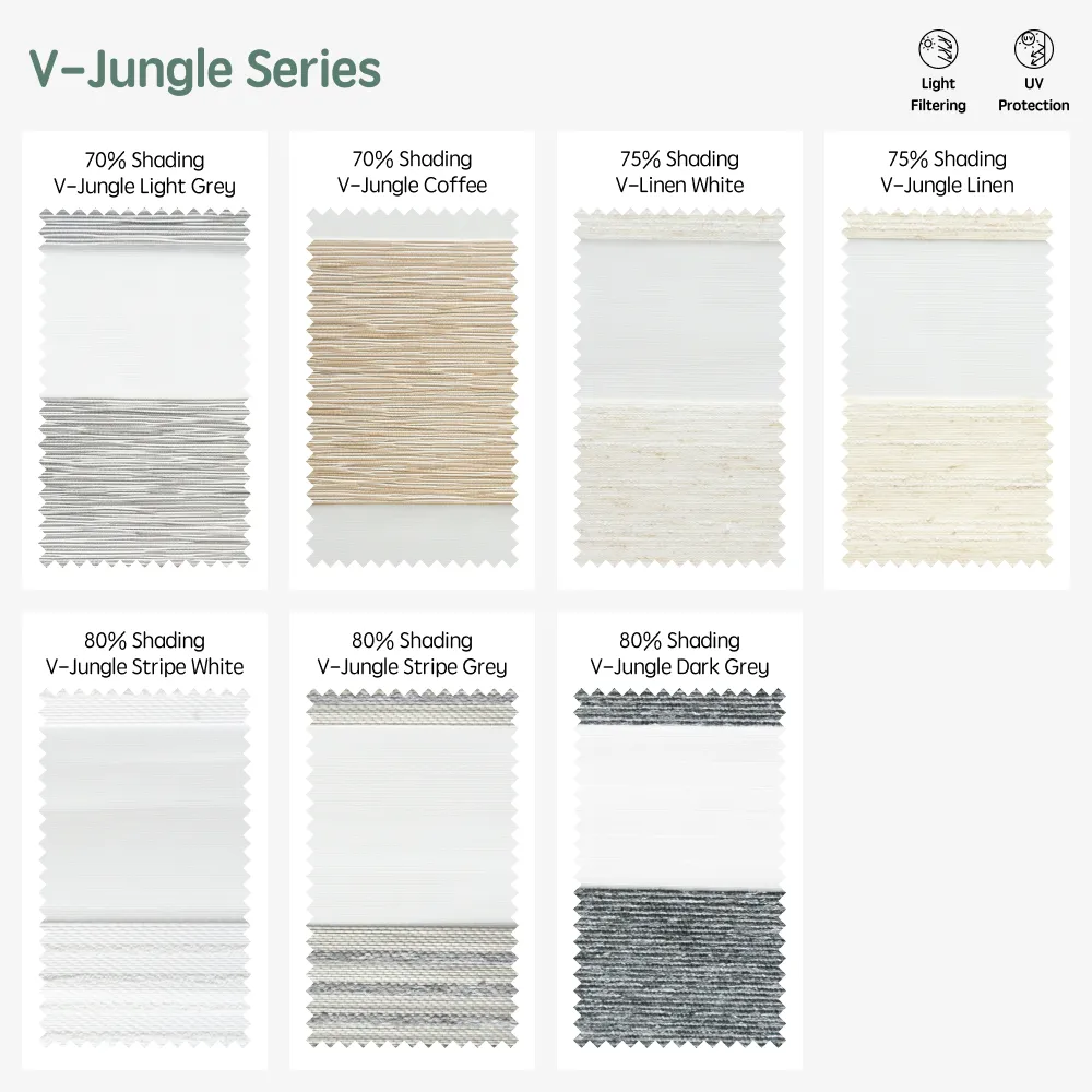 V-jungle series motorized zebra shades  — Light Grey, Coffee, Linen White,  Linen, Stripe White, Stripe Grey, Dark Grey.