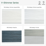 V-shimmer series motorized zebra shades  — Jacquard White, Layer White, V-Deep Sea, V-At Dusk.