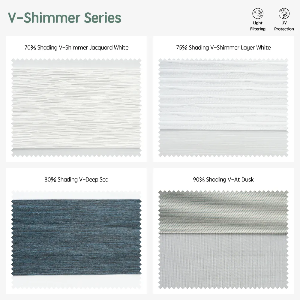 V-shimmer series motorized zebra shades  — Jacquard White, Layer White, V-Deep Sea, V-At Dusk.