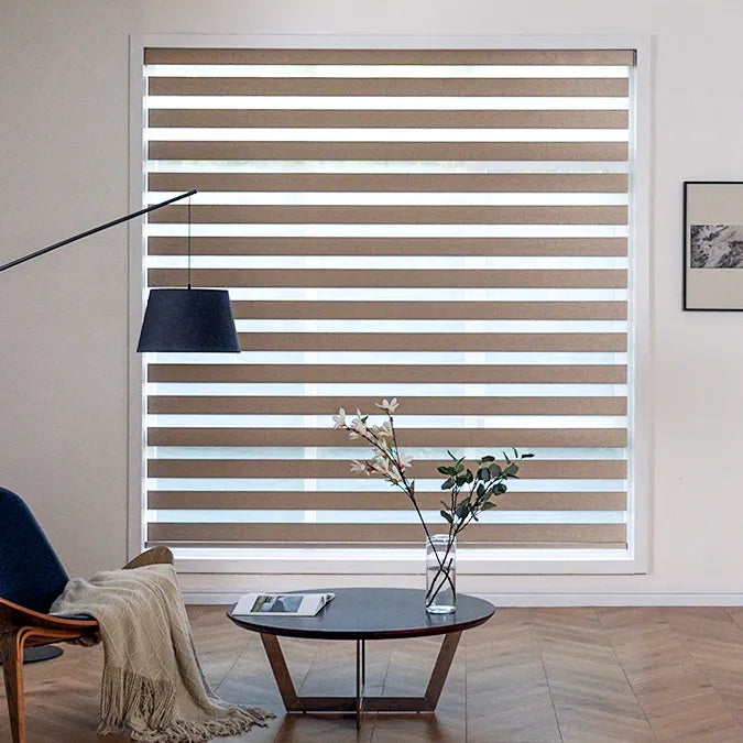 Shop motorized zebra shades with alternating sheer and solid stripes for adjustable light control