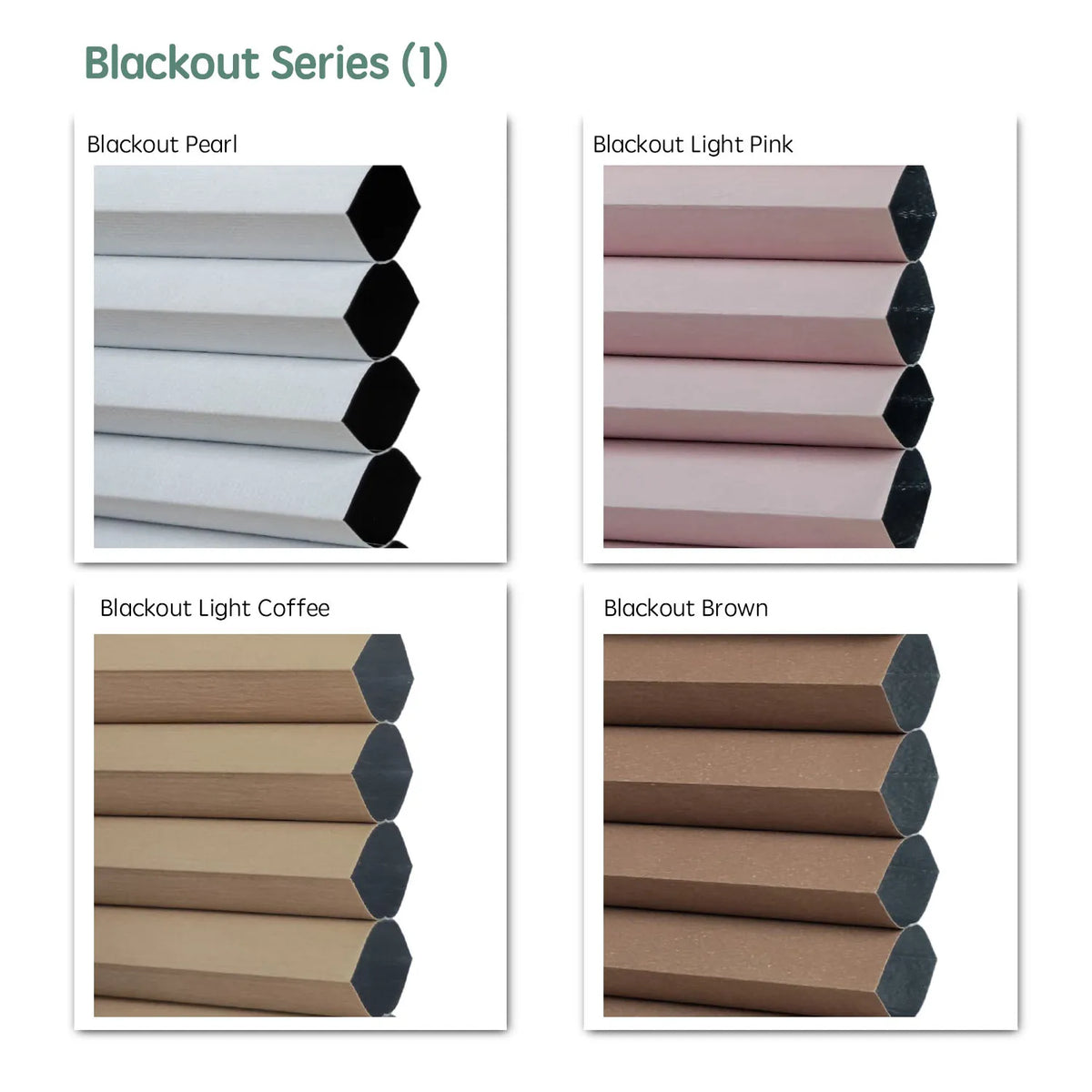 Blackout series motorized cellular shades fabric samples — Pearl, Light Pink, Light Coffee, Brown.