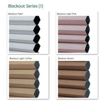 Blackout series motorized cellular shades fabric samples — Pearl, Light Pink, Light Coffee, Brown.