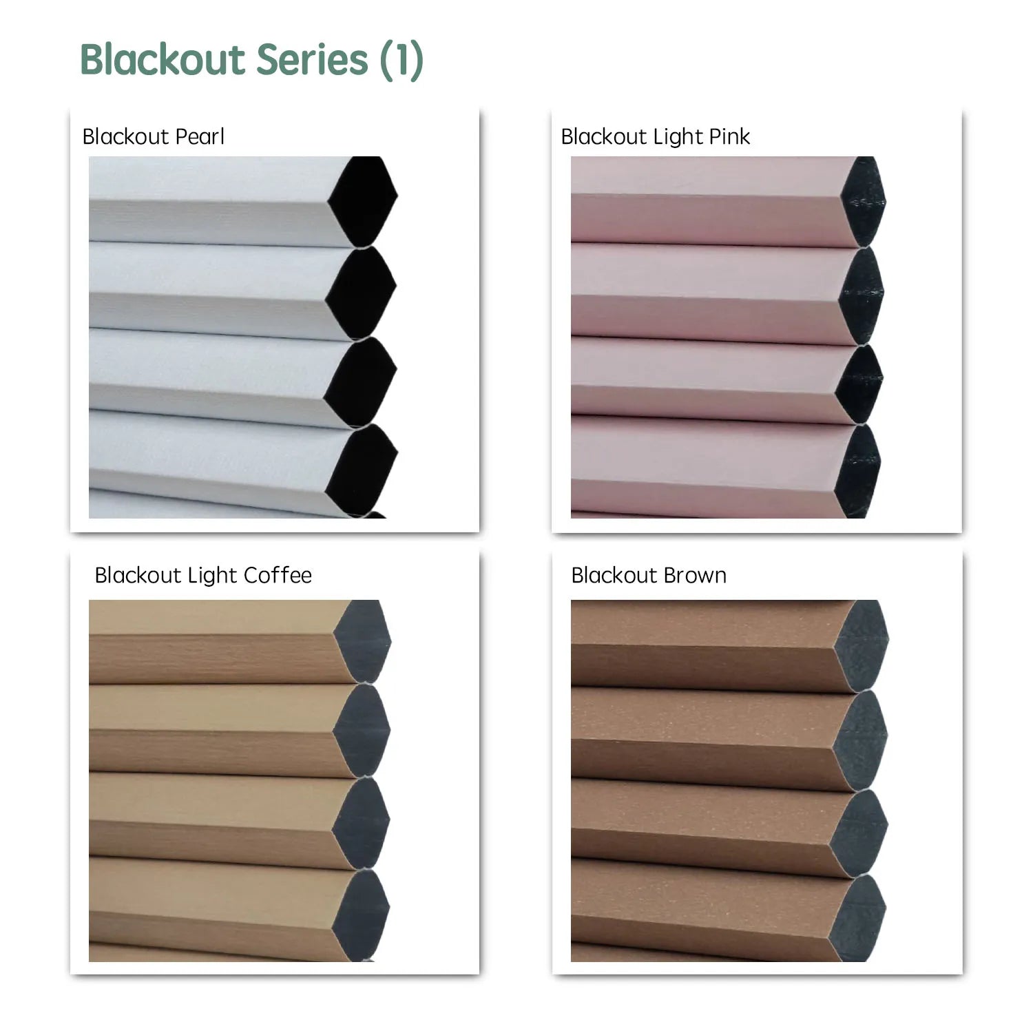 Blackout series motorized cellular shades fabric samples — Pearl, Light Pink, Light Coffee, Brown.