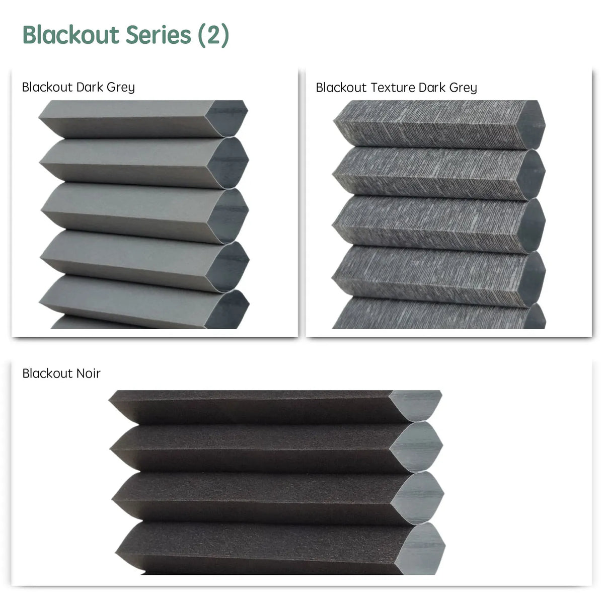 Blackout series motorized cellular shades fabric samples — Dark Grey, Texture Dark Grey, Noir.