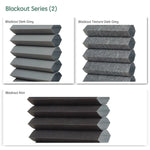 Blackout series motorized cellular shades fabric samples — Dark Grey, Texture Dark Grey, Noir.