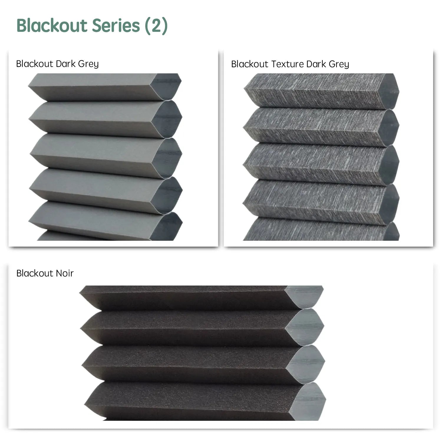 Blackout series motorized cellular shades fabric samples — Dark Grey, Texture Dark Grey, Noir.