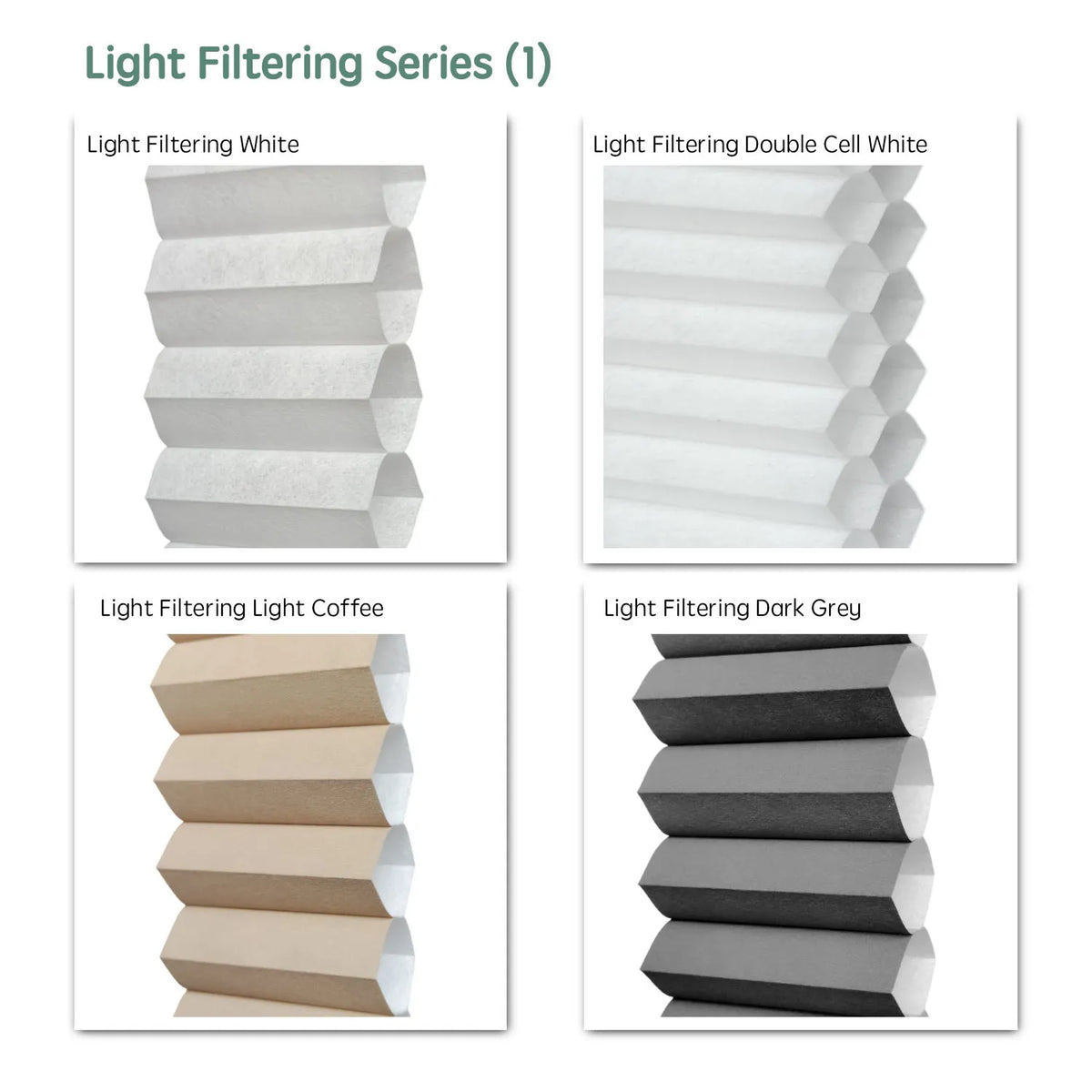 Light Filtering series motorized cellular shades fabric samples — White, Double Cell White, Light Coffee,  Dark Grey.